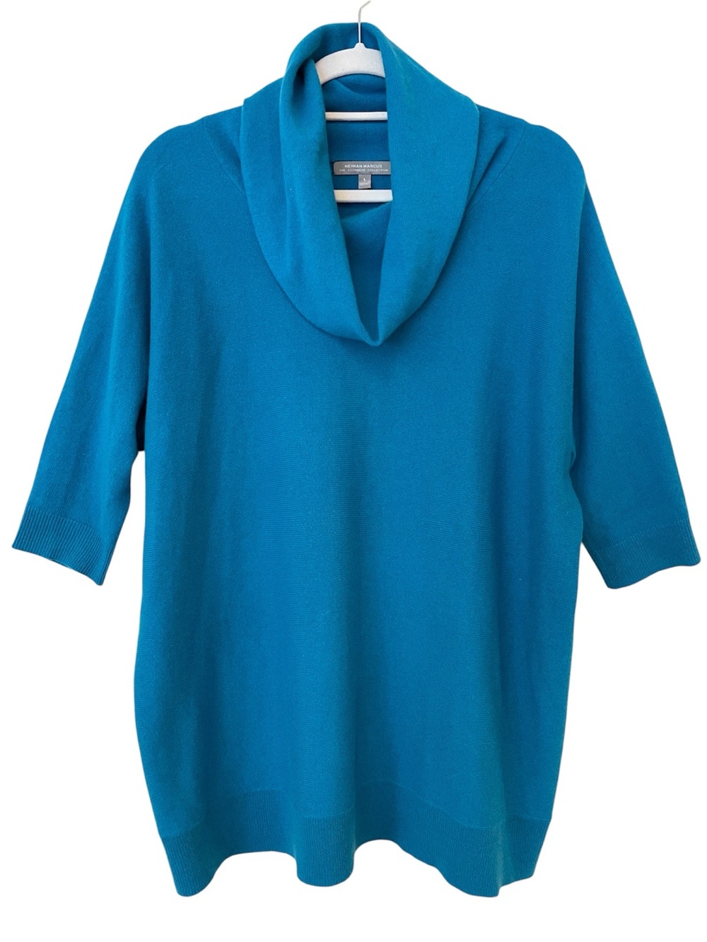 Neiman Marcus Cashmere Cowl Neck Sweater L Turquoise 3/4 Sleeve Relaxed Fit Soft